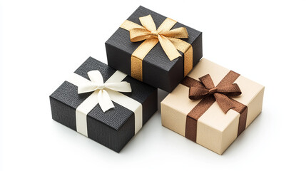 Background with gift boxes with gold ribbon on white background. Vector banner with rows of realistic 3d present package, black, white and brown giftboxes with golden bow