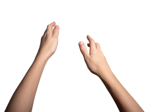 Both hands outstretched with fingers spread wide, reaching forward in a grasping gesture. Symbolizing action, capture, or holding something unseen. Isolated on white background..