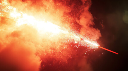 Burn red flare, signal light for emergency on road or sea. Vector realistic set of glowing torch with sparks and color smoke isolated on black background. Ignition pyrotechnics on football stadium