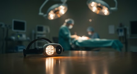 Surgical Headlight on Table with Surgeons Operating in Background