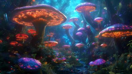 Enchanted fungal dreamscape:a surreal of nature's fantastical realms. Prismatic Spores. Illustration
