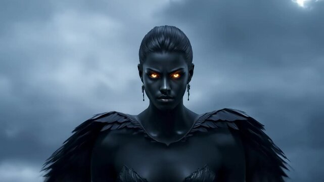 Mysterious dark angel with glowing eyes in stormy sky. concept of supernatural power, mystery, fallen angel, gothic scene