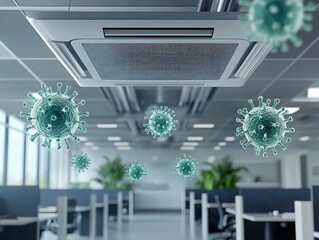  Office environment with viruses spreading through central air conditioning. A commercial space where an overhead AC vent releases cool air, carrying invisible virus particles between desks.
