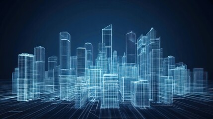 Abstract city skyline wireframe, digital illustration, architecture, urban planning, potential use for technology or future city design