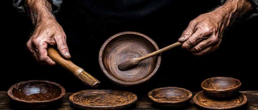 Aged hands prepare food in rustic wooden bowls and spoons