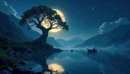 Yggdrasil, majestic in a moonlit lake, a lone boat drifts nearby , peaceful, tree of life