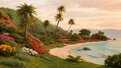 Fototapeta premium Tropical Paradise: Lush Island Coastline with Palm Trees, Vibrant Flowers, and Clear Turquoise Waters at Sunset