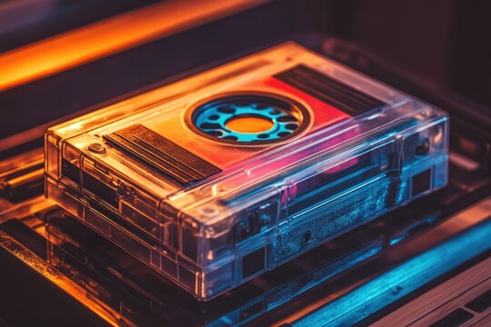 A transparent vintage audio cassette tape rests on a retro-style player, illuminated with vibrant neon lighting.