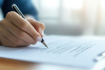 A woman's hand signing a document with a pen, signifying legal agreement or contract.