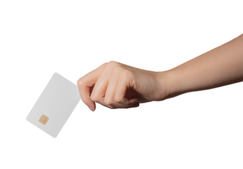 Card held in hand, blank plastic bank card. Financial payment, modern cashless shopping concept. Closeup of person’s arm, sliding card for promo, advertising use. Abstract design, gray light.