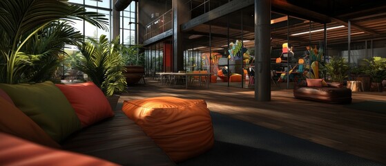 Modern industrial lounge with plants, colorful decor