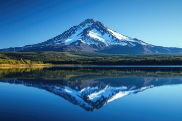 Majestic snow-capped mountain reflected in a serene lake under a clear blue sky.