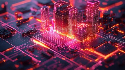 Obraz premium Cyber Cityscape: Digital Metropolis on a Circuit Board