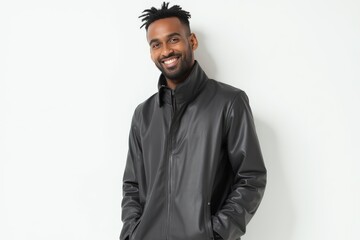Fototapeta premium Half-Length (Waist-Up) portrait of young stylish smiling Eritrean male model in cyberpunk wear isolated on pure white background looking at camera