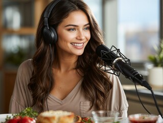 Playful and engaging, charismatic cooking podcast host tasting food while speaking into a high-quality microphone, open kitchen setting with bright natural light, recipes for cooking with a podcast