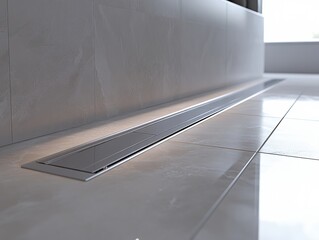  Sleek linear shower drain embedded in a modern bathroom floor, featuring a minimalist and functional design.