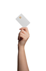 Card held in hand, presenting blank space. Female wrist with credit, debit, and bonus cards. Modern...