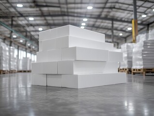  Stack of large white Styrofoam blocks in warehouse neat pile of oversized Styrofoam blocks arranged in industrial storage space.