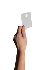 Card in hand, held by young woman. Credit, debit, financial concept with abstract background....