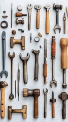 Collection of Hand Tools Arranged on White Background Top View..