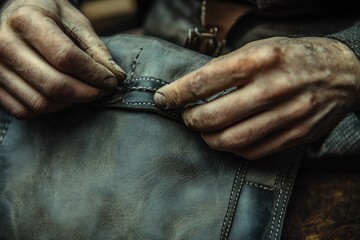Close-up of weathered hands meticulously stitching dark leather, showcasing skilled craftsmanship.