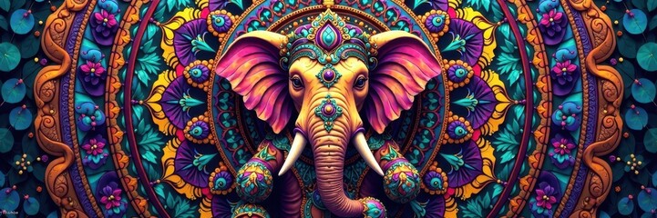 Intricate Ganesha-inspired elephant on mandala Colorful boho pattern, spiritual poster , design, hindu
