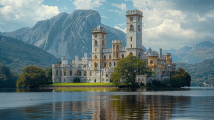 Fototapeta premium Picturesque fairytale castle on island in scenic lake surrounded by mountains, beautiful summer day