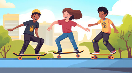 Fototapeta premium Skate park cartoon landing page with teenager
