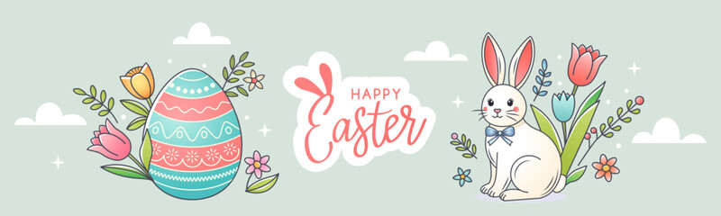 Happy Easter greeting horizontal banner. Cute Easter bunny with Easter egg and flowers in spring. Flat vector illustration on white background
