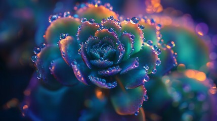 Obraz premium A close-up shot of a succulent plant covered in glistening dew drops. The colors are vibrant and the focus is sharp, highlighting the intricate details.