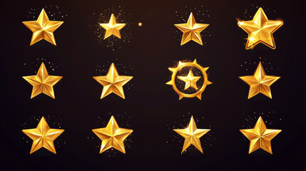 Obraz premium Gold star 3d animation sprite sheet. Game icons of bonus, gift, achievement. Storyboard with yellow shiny star turning around, vector cartoon set isolated on background