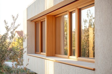 Fototapeta premium Modern architecture showcasing a large window with light oak frame, set into a light grey concrete wall.