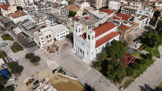 Aerial view of an Agios Nicholas church at the main square of Pyrgos, Elis, peloponnese Greece