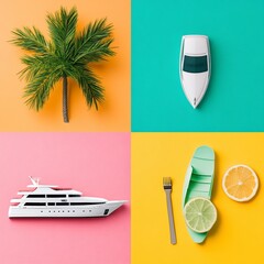 Tropical vacation imagery featuring miniature yacht, boat, palm tree, and citrus fruits