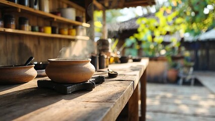 Rustic kitchen scene with steaming pot on wooden table, surrounded by nature and cooking tools