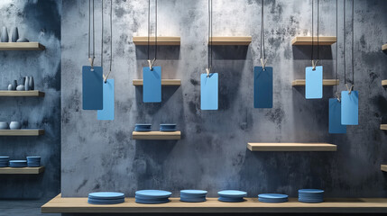 Wobblers on wooden shelves. Blank price tags hang on rack on grey wall background. Square blue paper stickers on plastic or metal strips mock up. clear pricing labels, Realistic 3d vector mockup