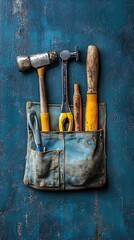 Professional Tool Belt Filled with Essential Tools on Dark Blue Background Top View..