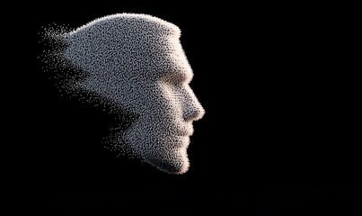 Obraz premium Disintegrating head profile, particles, dark background