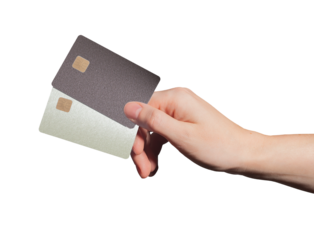 Credit card in hand, promoting finance, payment, and cashback. Woman holding plastic card, ready for digital transaction. Secure bank choice, business concept. Abstract, grainy texture background