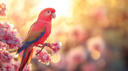 Vibrant red parrot on cherry blossoms in golden sunlight