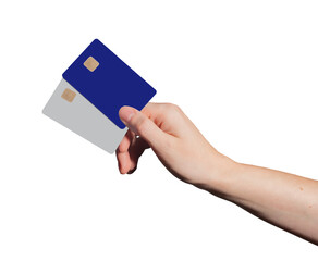 Credit card in woman's hands. Female holding electronic card, wrist visible, making payment transaction. Shopping, financial business, cashback, security, digital debit. Isolated on white background.