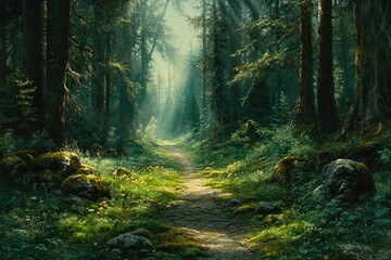 Obraz premium Sunlit path winds through a lush, mossy forest, creating a serene, magical atmosphere.