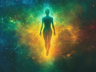 Naklejka premium Glowing human silhouette surrounded by vibrant cosmic energy, symbolizing enlightenment, spiritual awakening, and higher consciousness.
