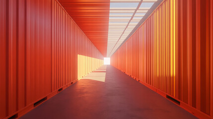 Fototapeta premium Realistic 3d orange container for cargo shipping. Vector illustration set of closed and open empty long industrial box for storage and shipment. Intermodal freight transport logistic package mockup.