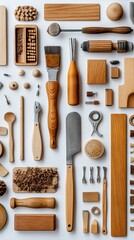 Collection of Wooden Kitchen Utensils on White Background Top View..