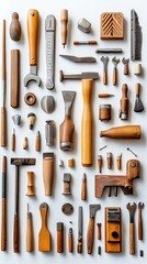 Variety of Carpenter Tools on White Background Top View..