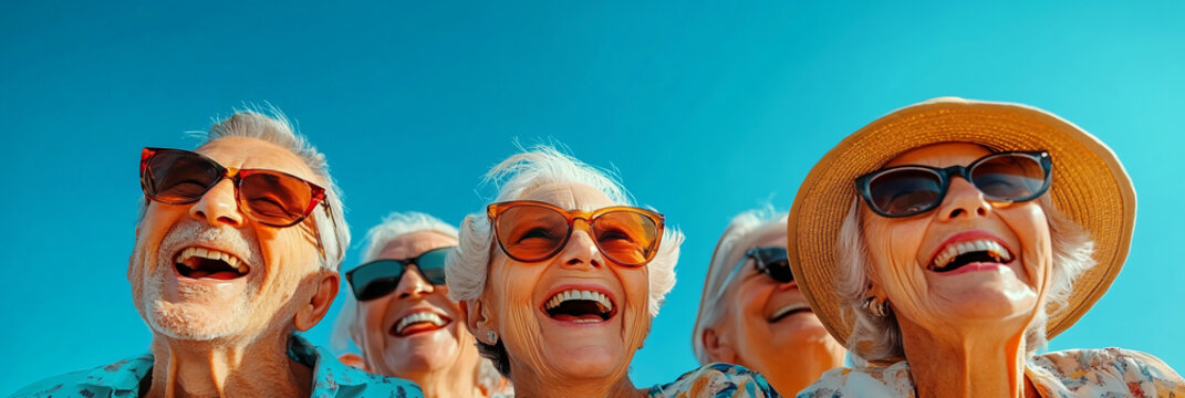 A joyful group of seniors enjoying a sunny day at the beach, perfect for promoting friendship, retirement activities, or summer events.