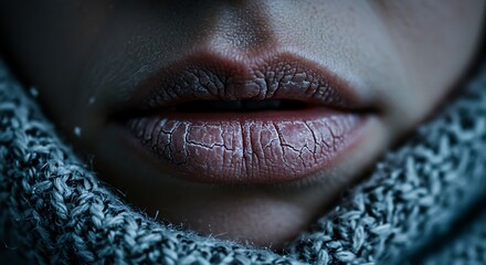 Fototapeta premium Dry and Chapped Lips in Winter Close Up with Knitted Scarf