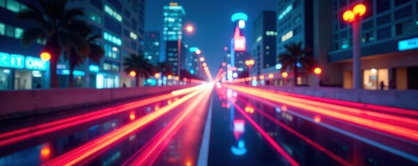 Obraz premium Abstract streaks of neon, blurred high-rise buildings, design, urban