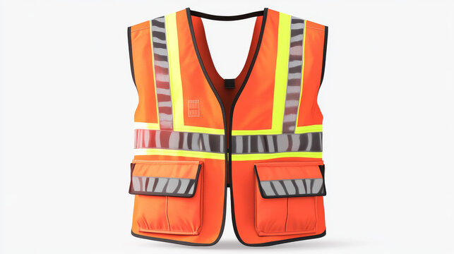 Orange safety vest with reflective stripes, uniform for construction works, drivers and road workers. Vector realistic 3d waistcoat with reflectors and pockets in front, back and side view